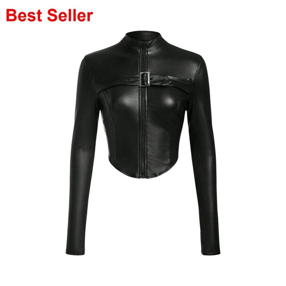 Leather Cropped Jacket Long Sleeve Zip Up Outerwear